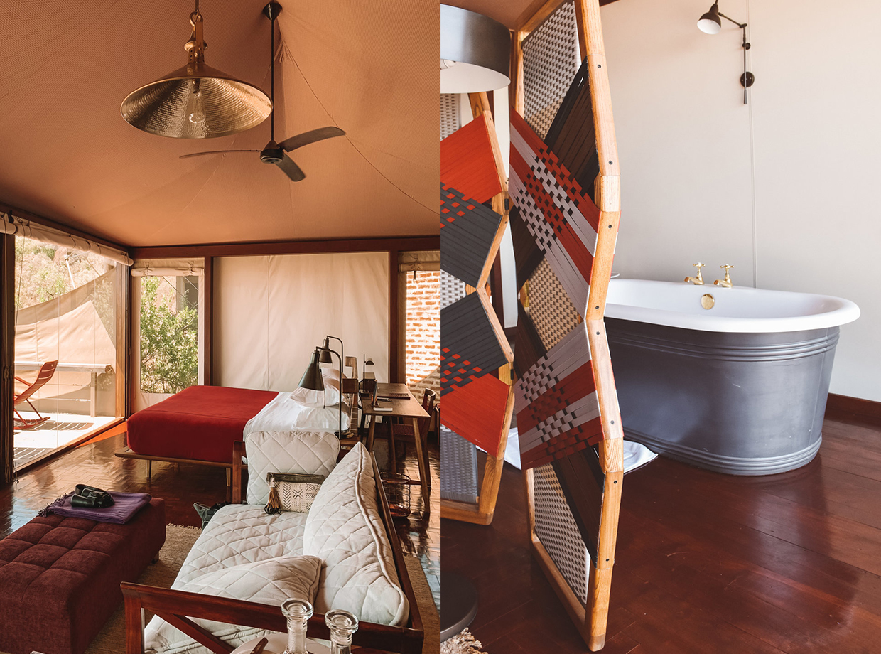 Angama Mara The honeymoon suite (fyi, they’re all the same). The tented suites feature glossy brown floorboards, rolled tent flaps, beautiful brass fixtures and white linens under a bright red bed throw.