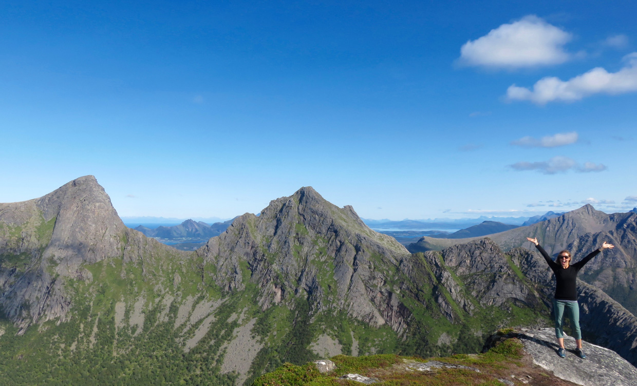 It takes about five hours R/T from Nordskot.  It is fairly steep in some sections, but the 360 degree views are well worth the jaunt up to the top.  All along the hike are jaw dropping landscapes - jagged mountains, hundreds of islands, azure waters and on a clear day, a view all the way out to the Lofoten Islands.