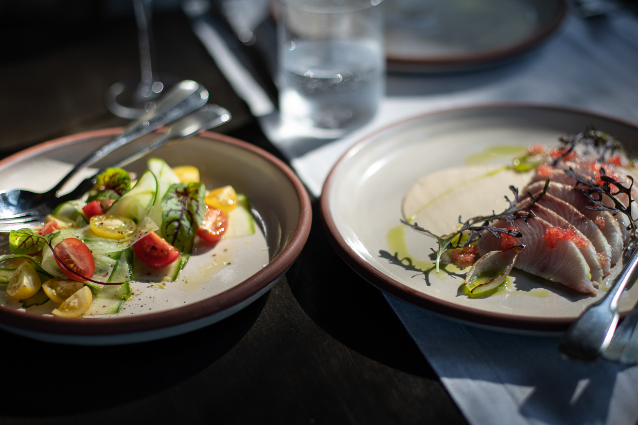 Pretty Beach House The kind of food you can expect for lunch - kingfish on a celeriac puree with native finger lime, accompanied with a tomato and zucchini ribbon salad.  