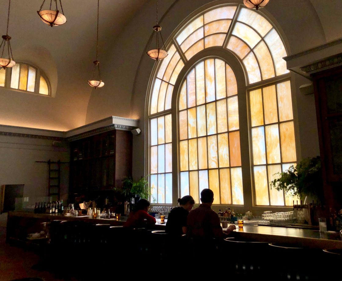 The Line, DC The entire lobby and restaurant area is absolutely immaculate. The hotel is set in an old church and they left several elements of that during renovation, such as these large stained glass windows at the bar. 
