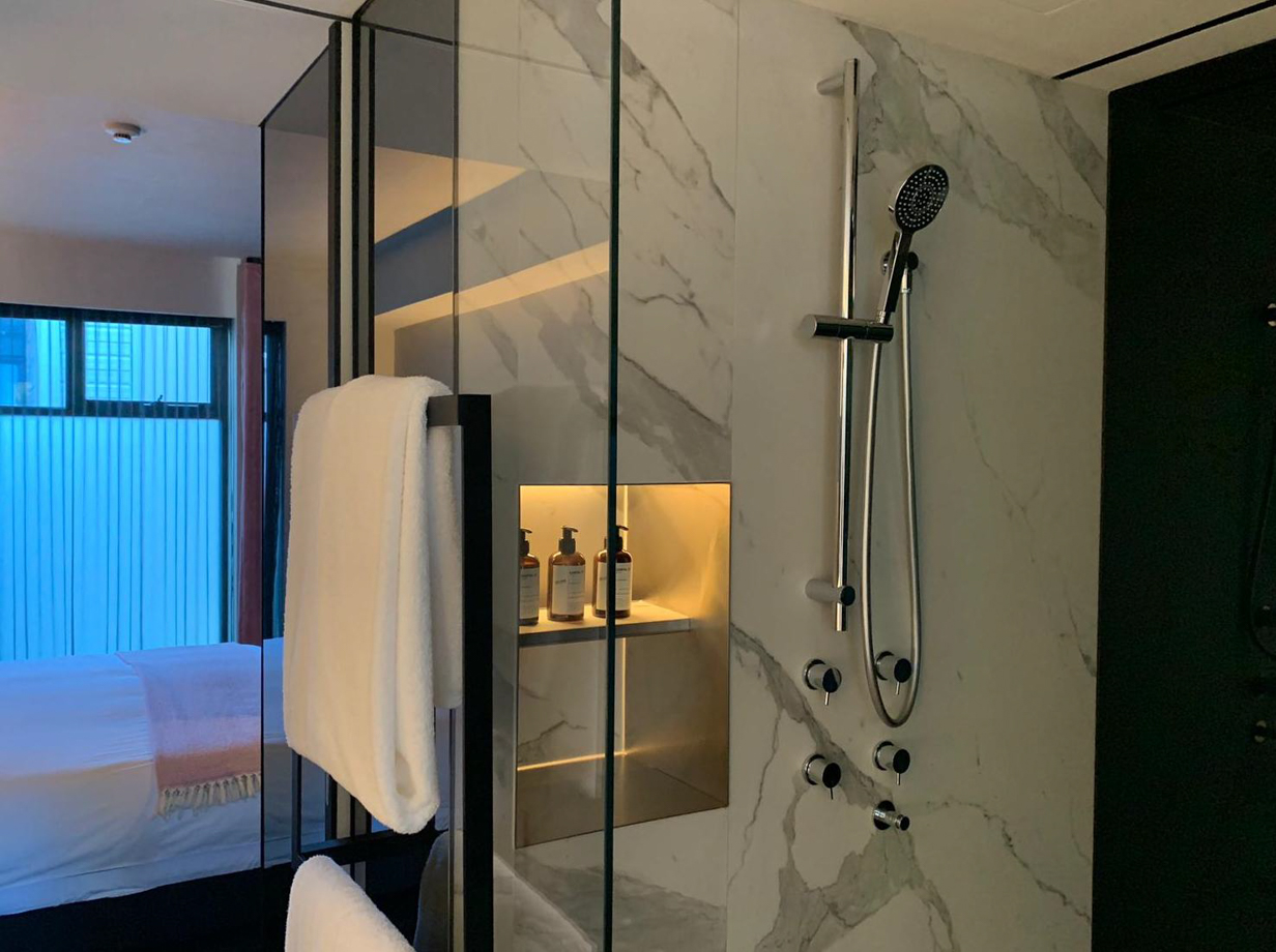 United Places The bathroom has a futuristic, modernist feel – like how I’d imagine an ultra-luxury train transport in 2070. It’s wall-to-wall marble, with Le Labo products and plush, ethically made towels.
