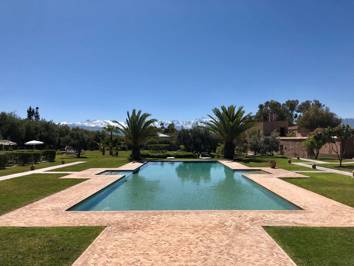 The Capaldi Hotel The Atlas Mountains behind the twin palms and over the pool looking out from the reception.