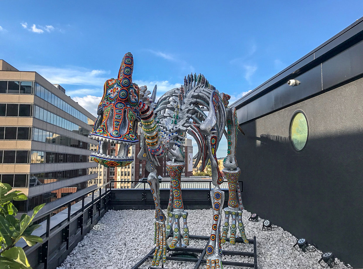 Eaton DC Ichiro, the Dino, by Mexican artist Marianela Fuentes, loves a good party on the 11th floor roof deck...