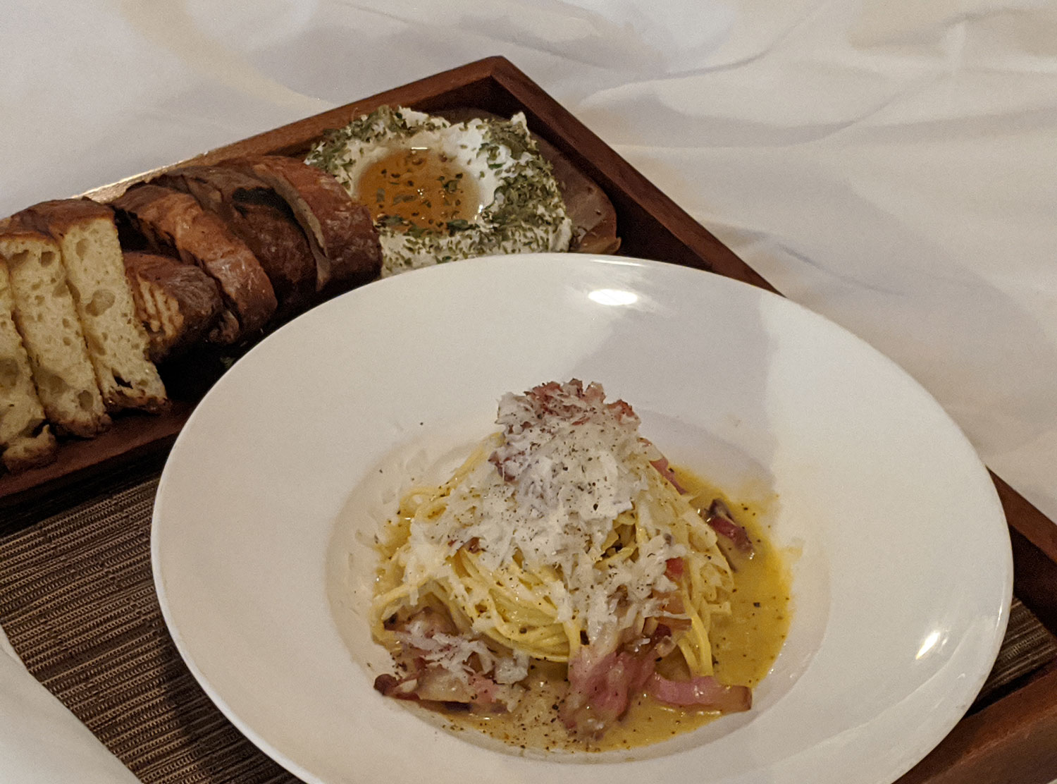 The Greenwich Hotel Room service from Locanda Verde - traditional carbonara with whipped ricotta and honey on the side.