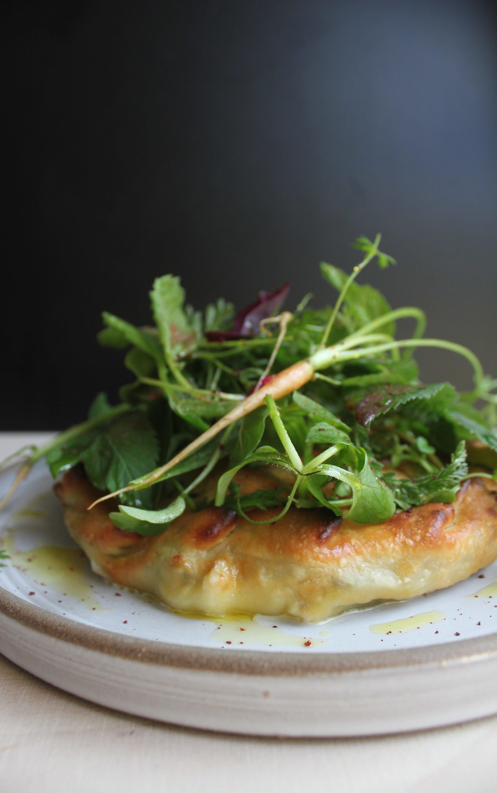Pas de Rouge Cheese Pie: Spring Greens: Fermented Chili Sauce