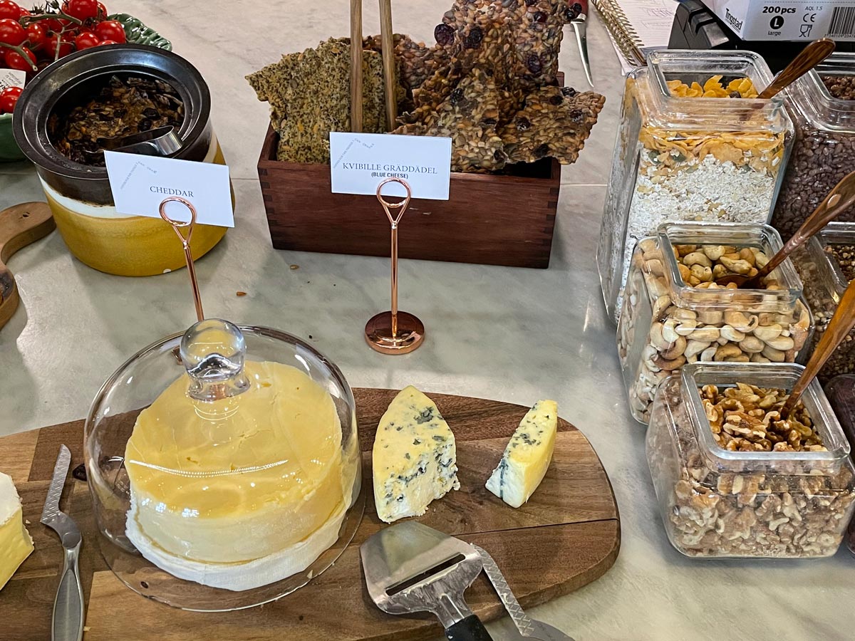 Hotel Frantz Artisanal cheeses, homebaked cracker breads — my personal favorite, glazed nuts, chia pudding, sprouts and an endless amount of Oatly. Swedes do it right