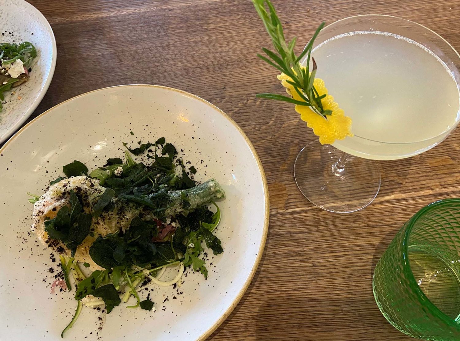 Beaverbrook Dinner of zucchini flower, estate honey, goat’s cheese and crispy sage and a seedilp martini