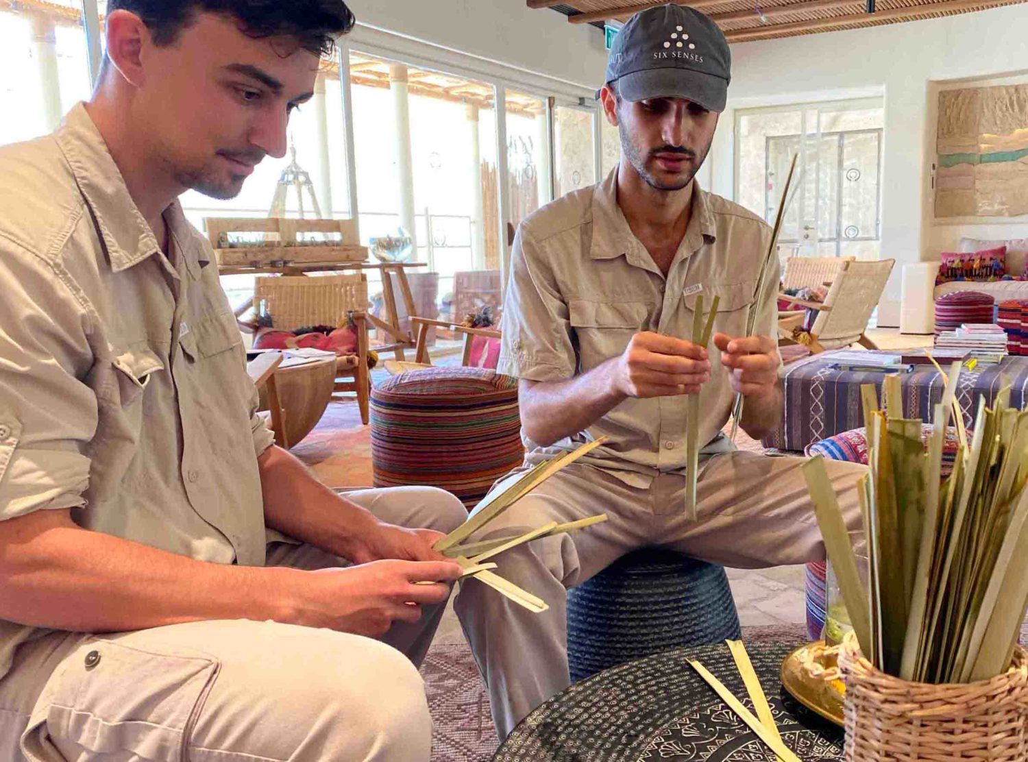 Six Senses Shaharut Palm leaf weaving workshop with the friendly and fun hosts of Six Senses 