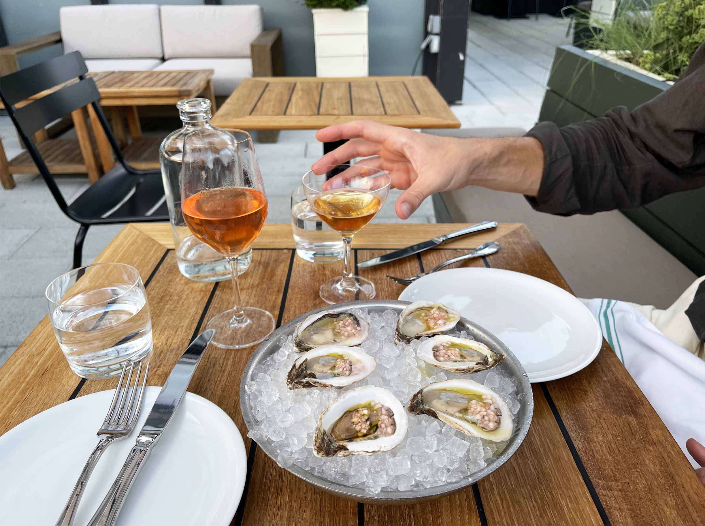 Oysters and Spritz on the terrace. Photo by Laura James 