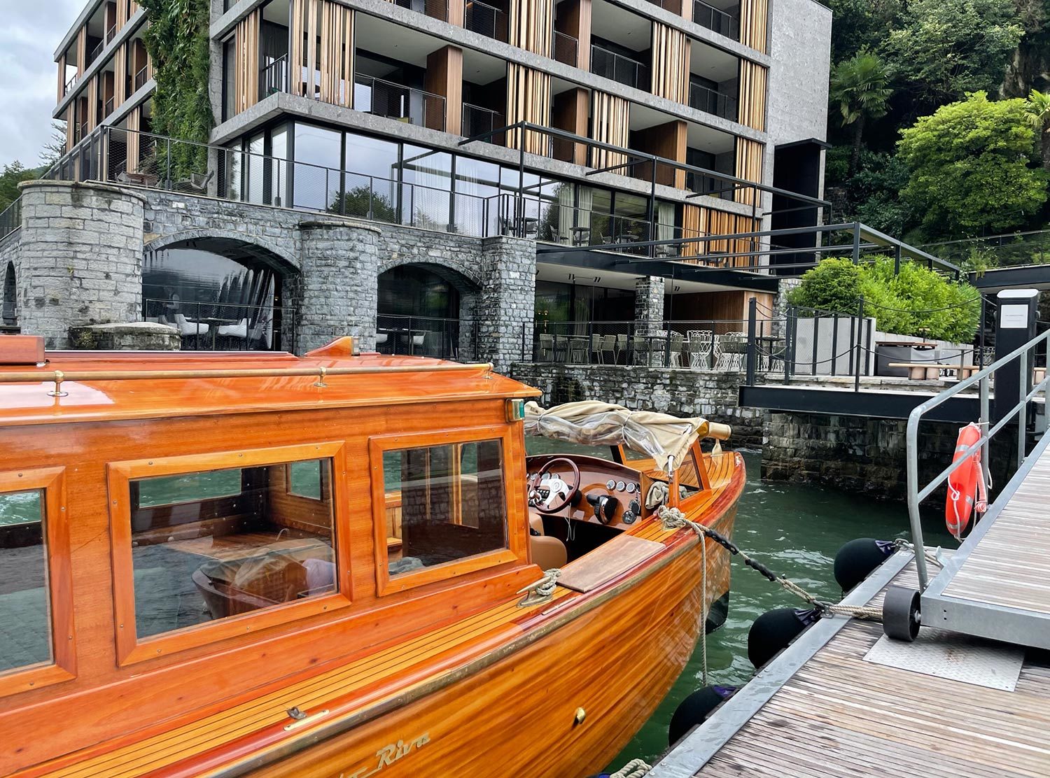 Il Sereno Roads were blocked because of a big storm the night before, so we parked in Cernobbio and were transferred to the hotel aboard this beautiful wooden boat 