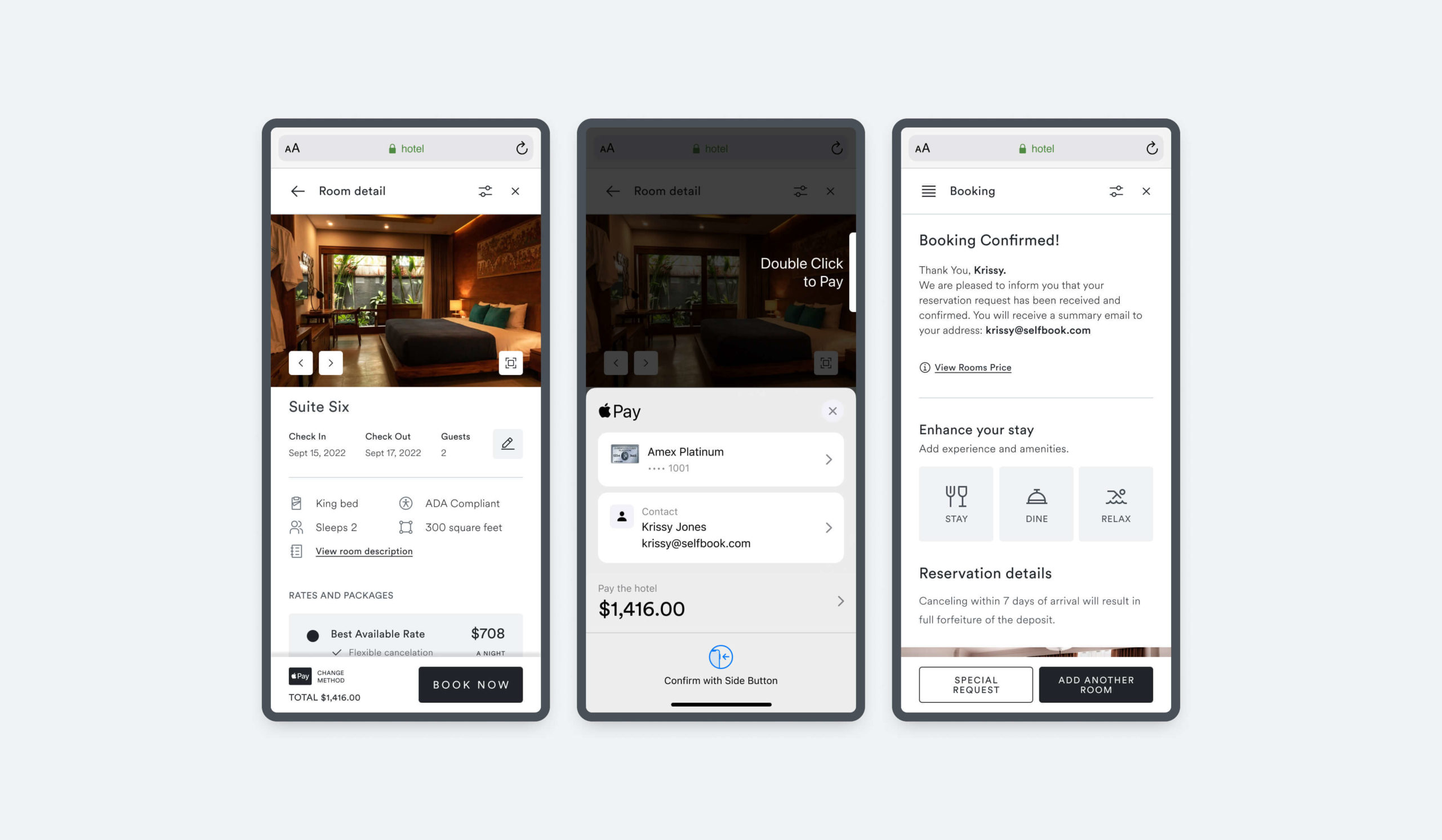 Selfbook's smooth check out flow allows users to easily and safely book and customize reservations while helping hotels increase direct bookings and revenue 