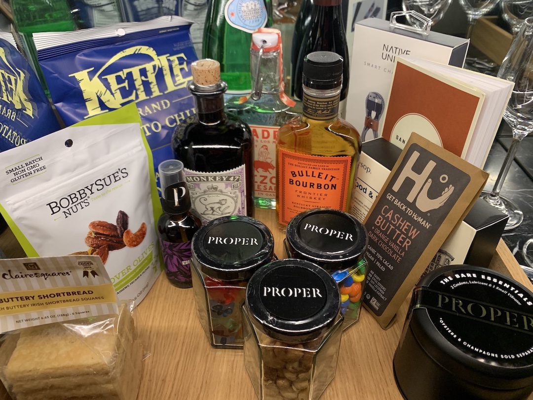 San Francisco Proper Classic San Francisco mini bar options: cashew butter, bourbon whiskey, and a smartphone charger