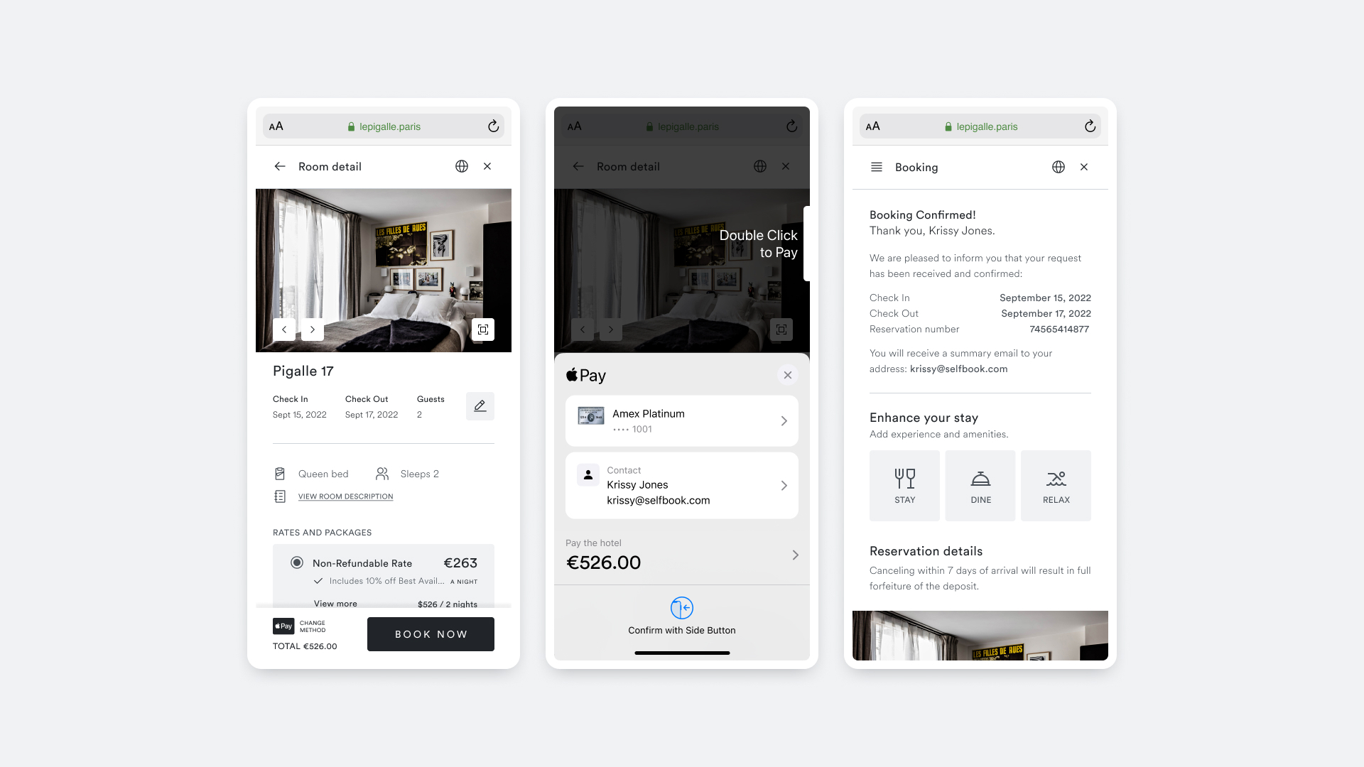 Selfbook's smooth checkout flow allows users to easily and safely book and customize reservations while helping hotels increase direct bookings and revenue