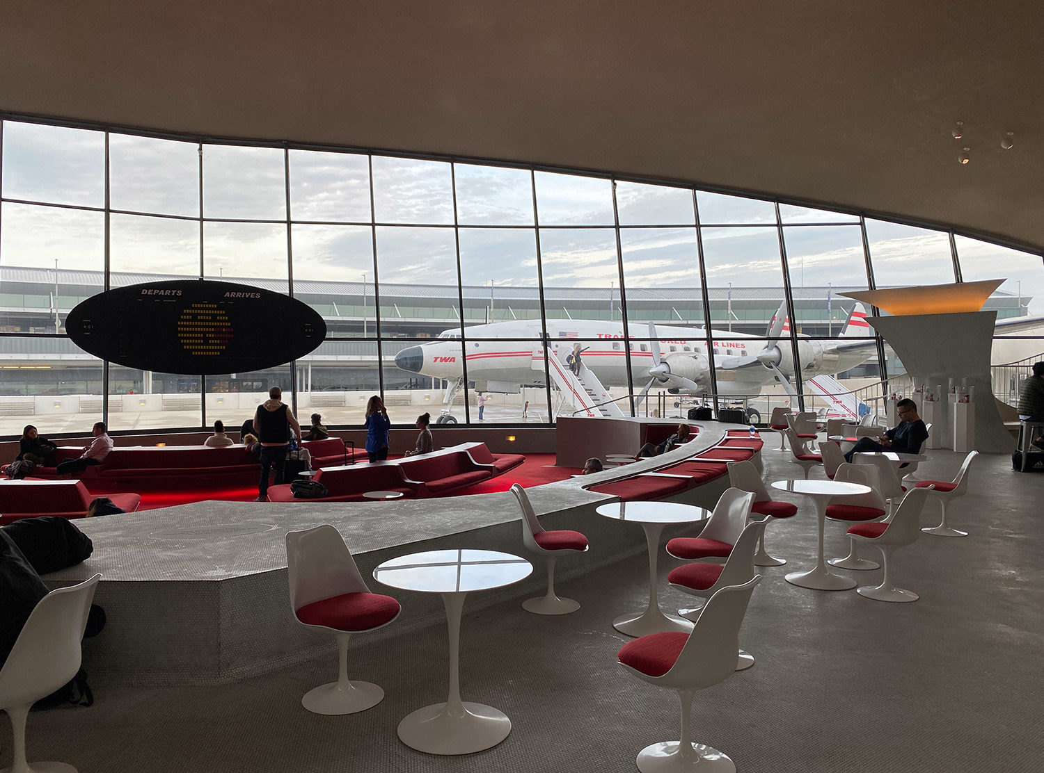 TWA Hotel Lobby bar and, right outside, a Lockheed Constellation 