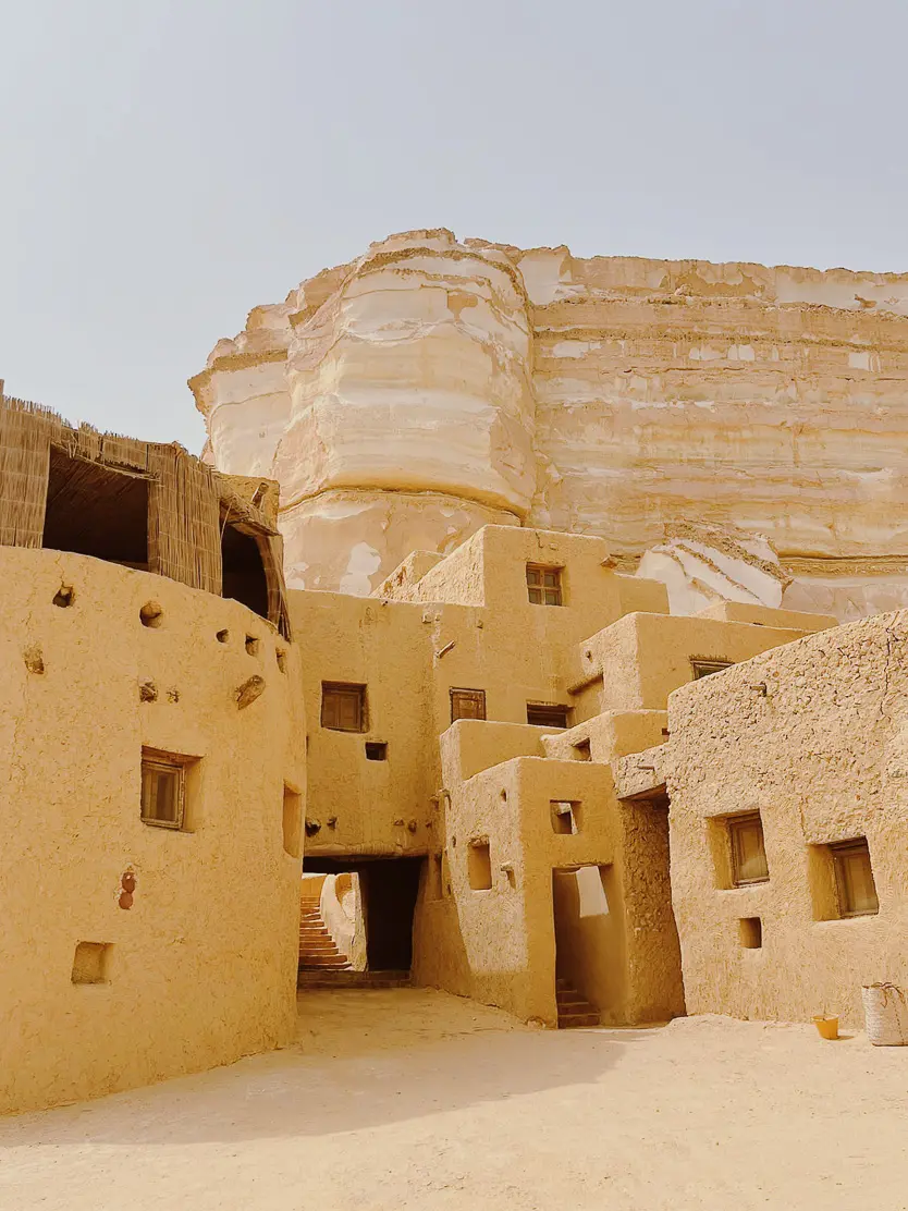 Adrere Amellal Eco-Lodge Various rooms in the hotel, made of sand bricks and salt