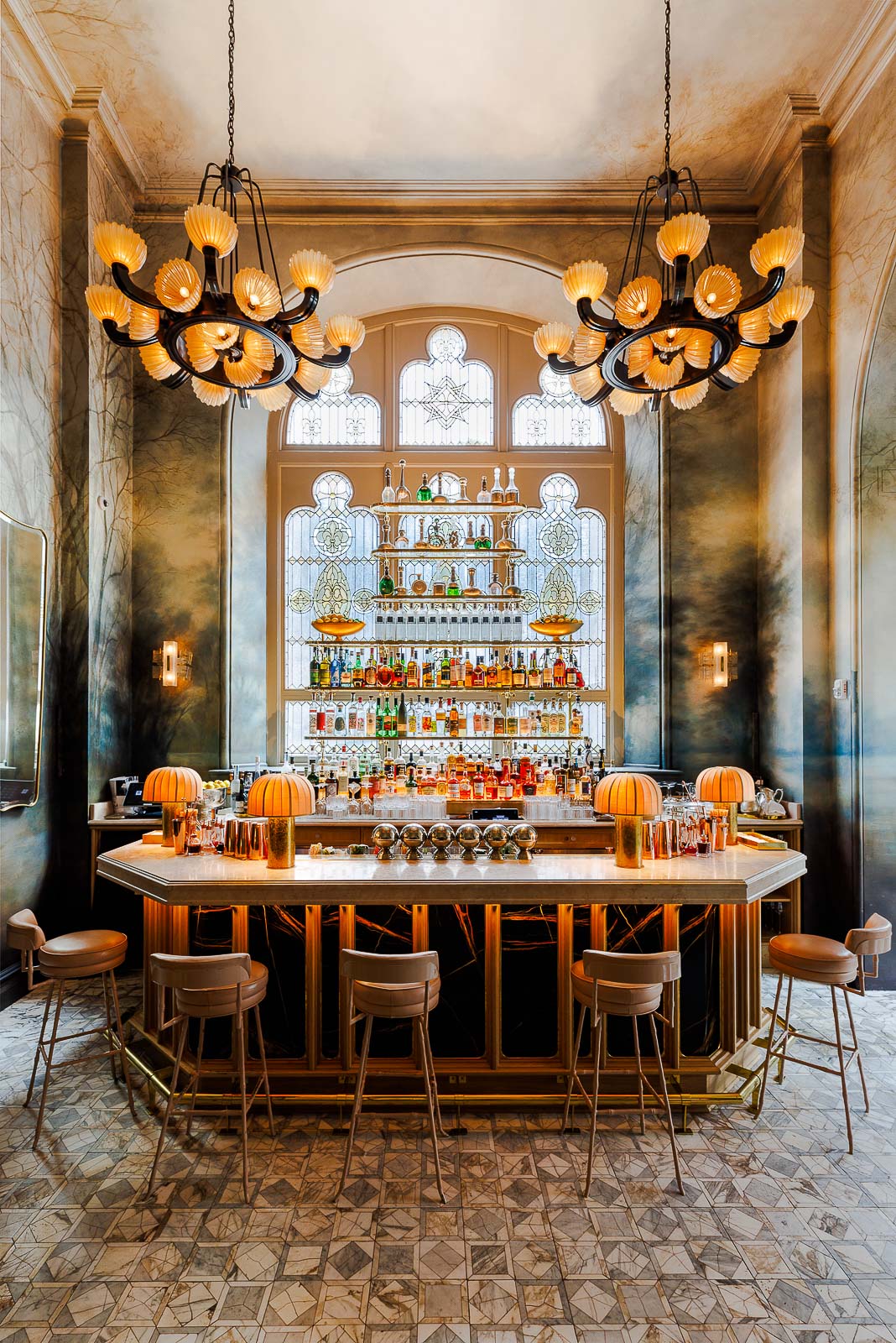 Art-nouveau stained glass and fixtures at Bar Veronika. Photo by Alex Staniloff