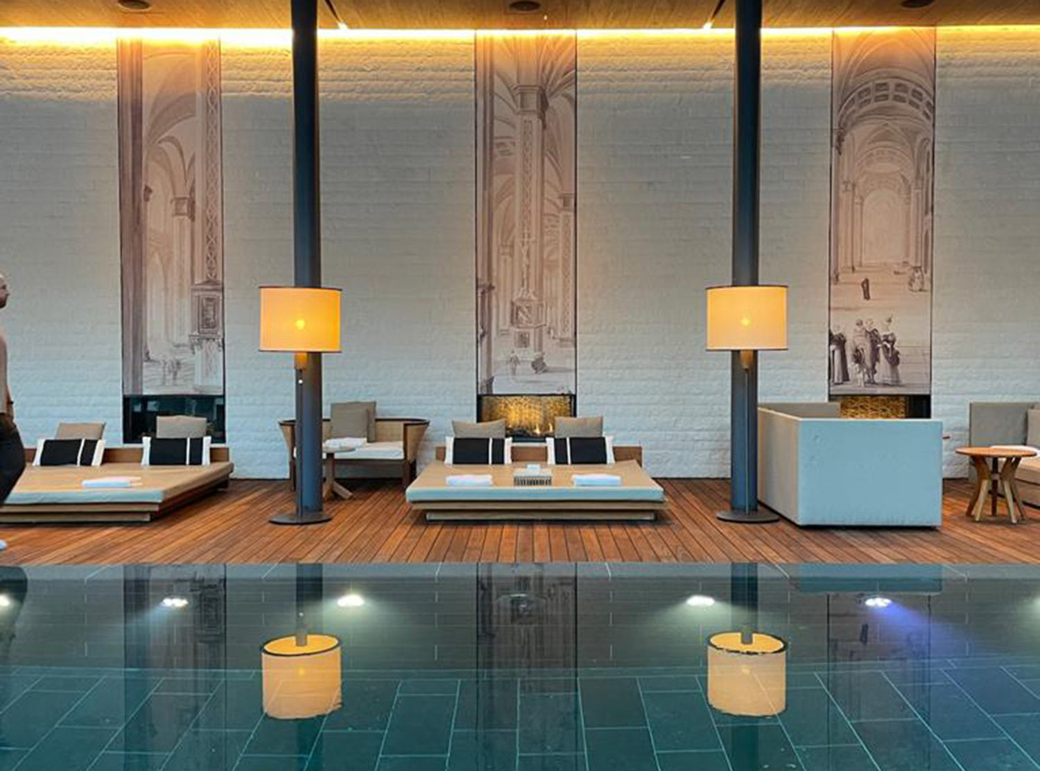 The Chedi Andermatt Pool of my dreams. Each of the lounge beds has fireplaces behind them, melting away all of your stress