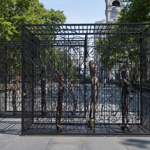 Installation view of Fred Wilson, Mind Forged Manacles/Manacle Forged Minds (2022) at Columbus Park, Brooklyn. Photo by Kris Graves ©Fred Wilson, courtesy Pace Gallery
