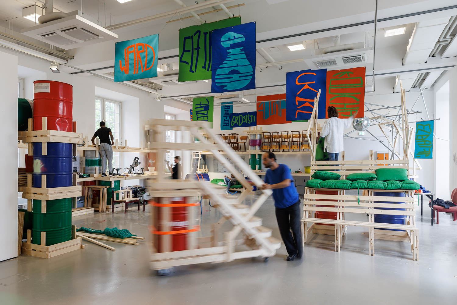 An Easy Guide To documenta fifteen El Warcha, Clever ways of stacking chairs, 2022, installation view, Fridericianum museum. Photo by Frank Sperling