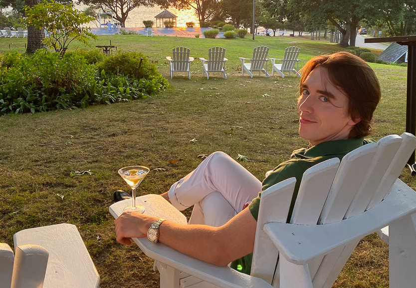 Pridwin Hotel Cian enjoying a very Dry Martini at Ram's Head Inn during sunset