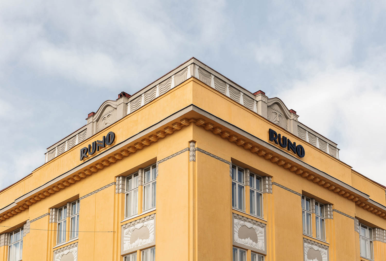 The Art Deco façade at Runo Hotel in Porvoo, Finland
