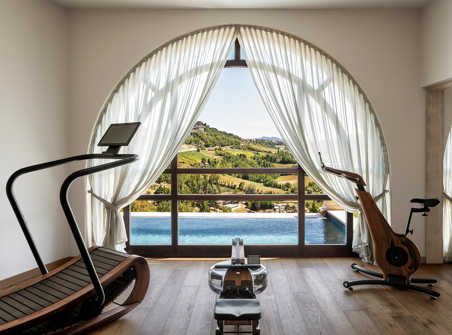 Nordelaia The wooden handcrafted exercise machines in the gym with a view