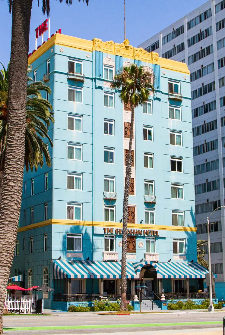 The historic pale blue façade of The Georgian