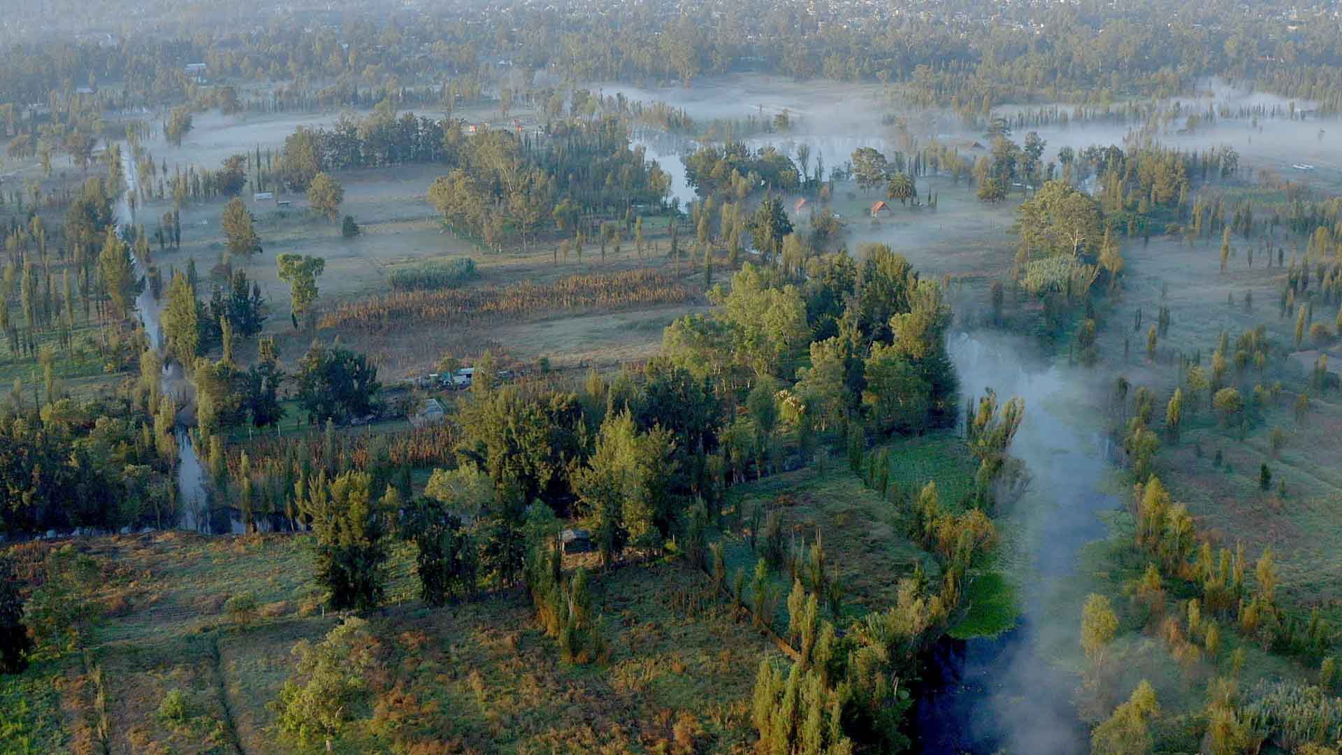 Aerial view of Xochimilco, the last remanants of the canals built by the Aztecs in ancient Mexico City