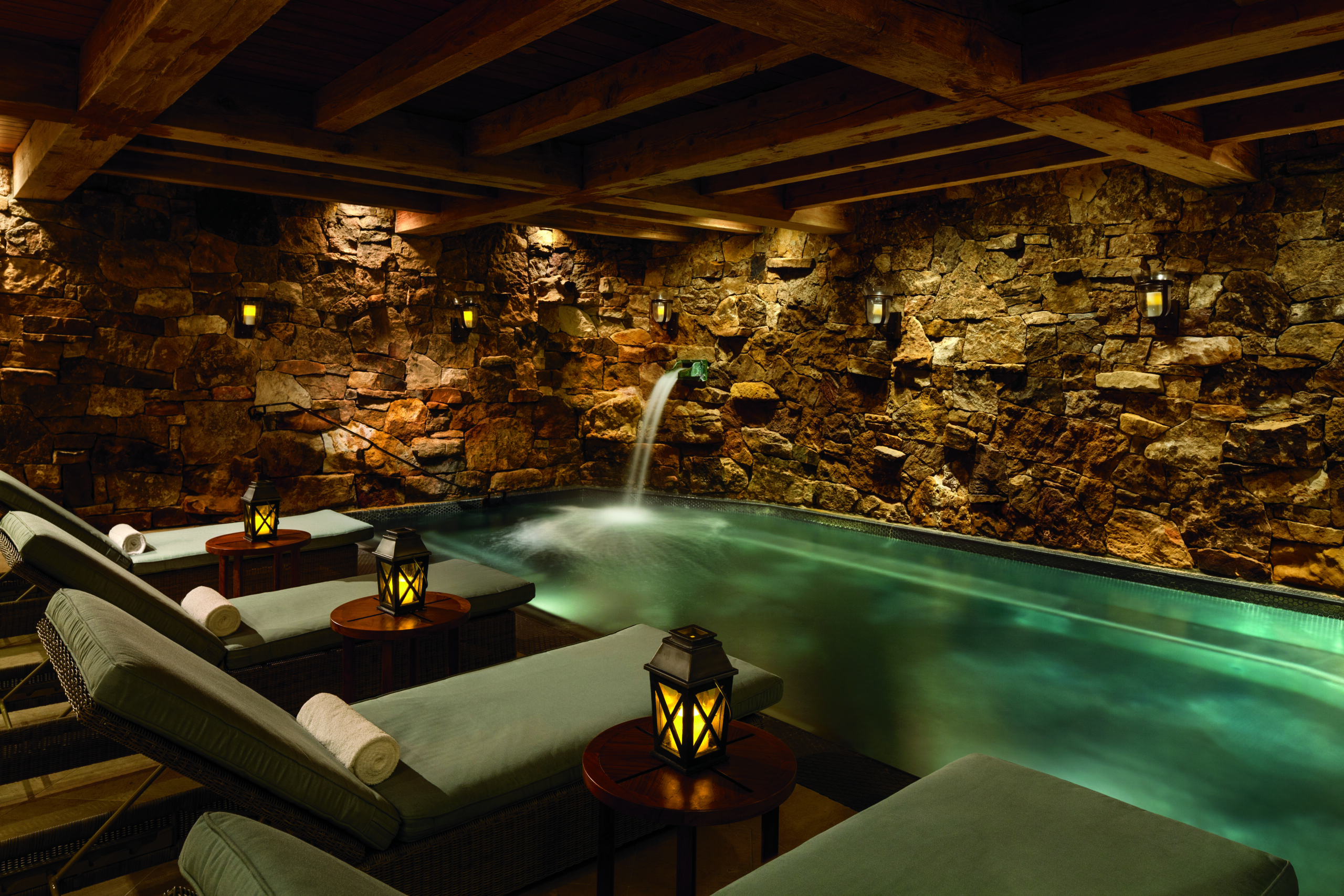 The stone-lined grotto in the sublevel spa does not mess around