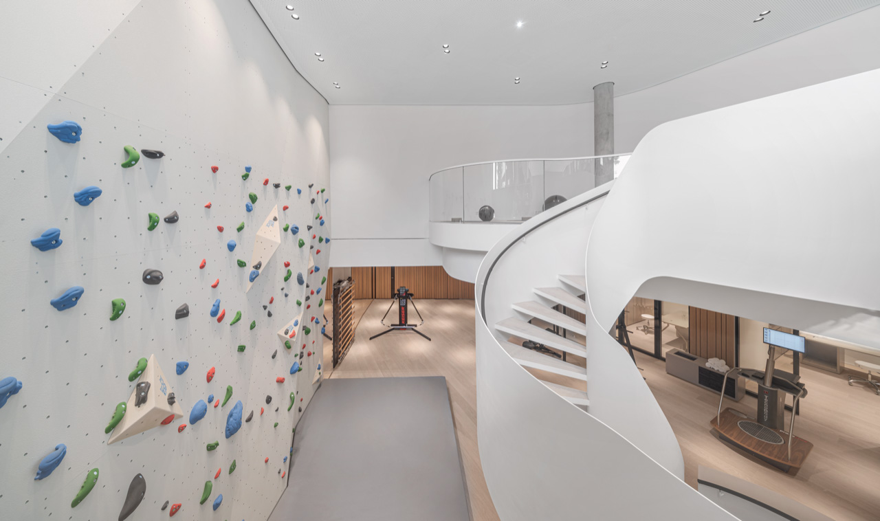 The two-story gym at Lanserhof Sylt, offers a boulder wall and plenty more