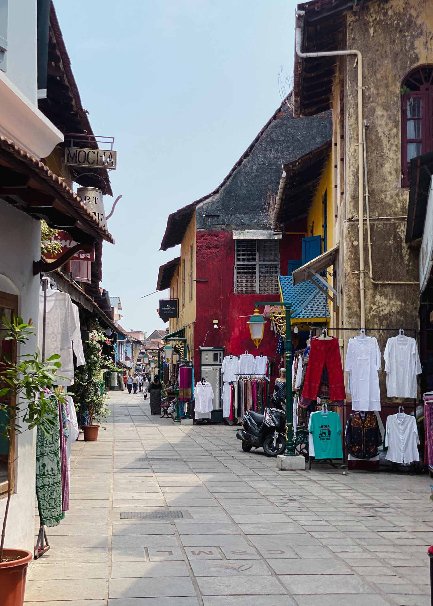 Pedestrian-only street lined with shops