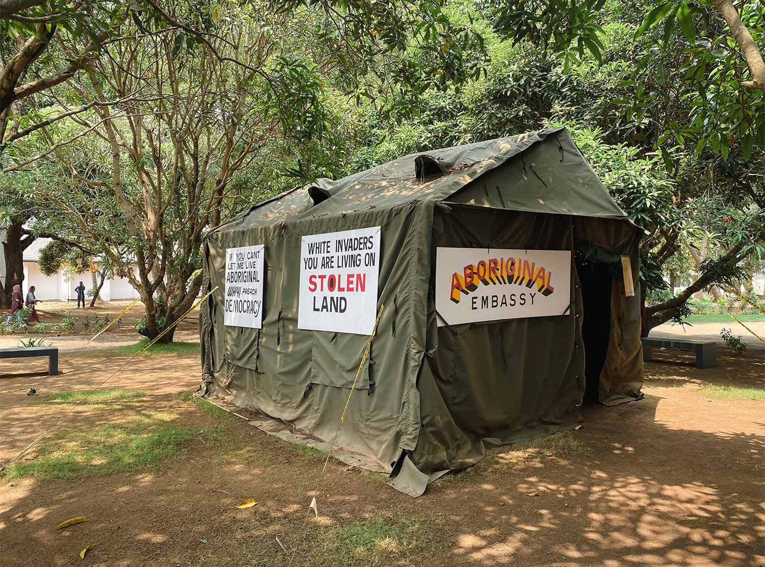 Fort Kochi Richard Bell's Embassy is one of the first installations to welcome you at Aspinwall House. It was created as resistance to the government stealing Aboriginals's lands