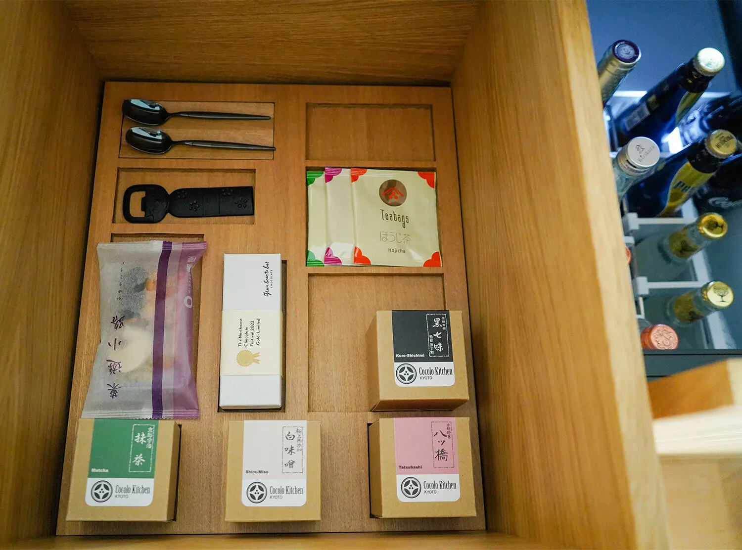 The Shinmonzen The best mini bar. This drawer was filled with Kyoto-crafted snacks. The hotel happens to be the sister  property to Villa La Coste in Provence, which explains the incredible wine selection! 