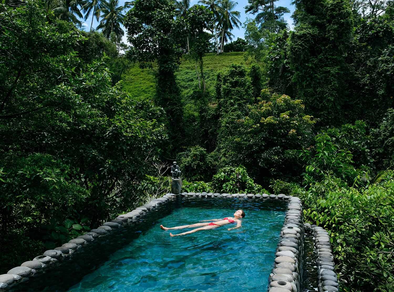 Capella Ubud Spending time floating around. Every tent comes with a private pool suspended in the jungle sounds. It even has a corner with jacuzzi jets