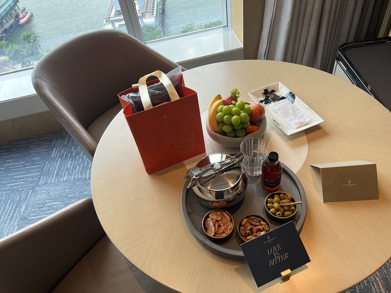 Four Seasons Hotel Hong Kong Welcome treats and gifts! Btw, the fresh fruit is outstanding and replenished daily