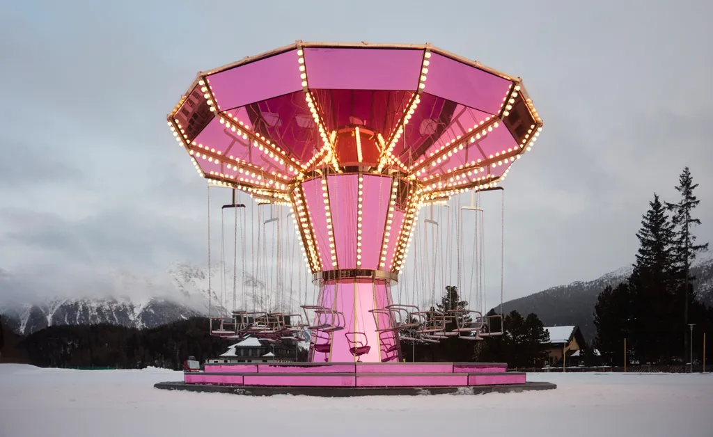 Carsten Höller's Pink Mirror Carousel (2025) at Kulm Hotel St. Moritz (Image credit: Courtesy of the artist and Kulm Hotel St. Moritz