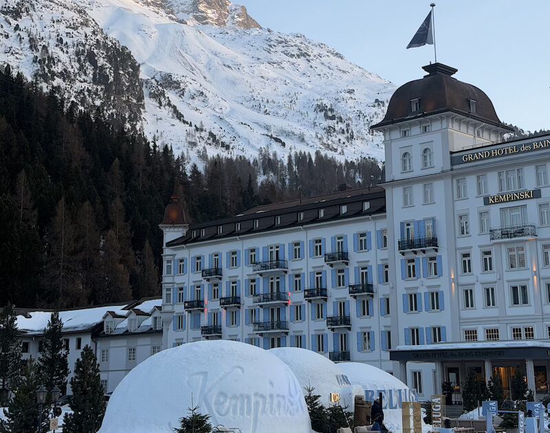 Grand Hotel des Bains Kempinski The property’s beautiful façade and Beluga igloo bar 