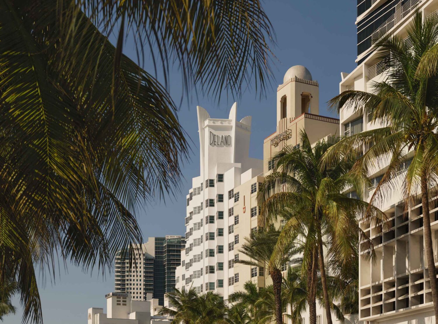Delano Miami Beach The Delano's stepped, tapering ziggurat rooflines, echoed by its neighbors along Collins Avenue: a motif borrowed from ancient Mesopotamian temples, adopted by American Art Deco as a symbol of verticality and modernity.