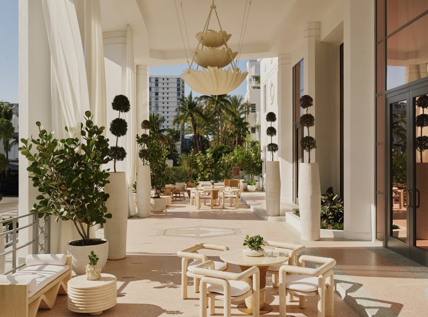 Delano Miami Beach The three-year restoration, led by Athens-based architecture firm Elastic Architects, brought back elements like the hexagonal columns and colored terrazzo flooring from the original 1947 project.