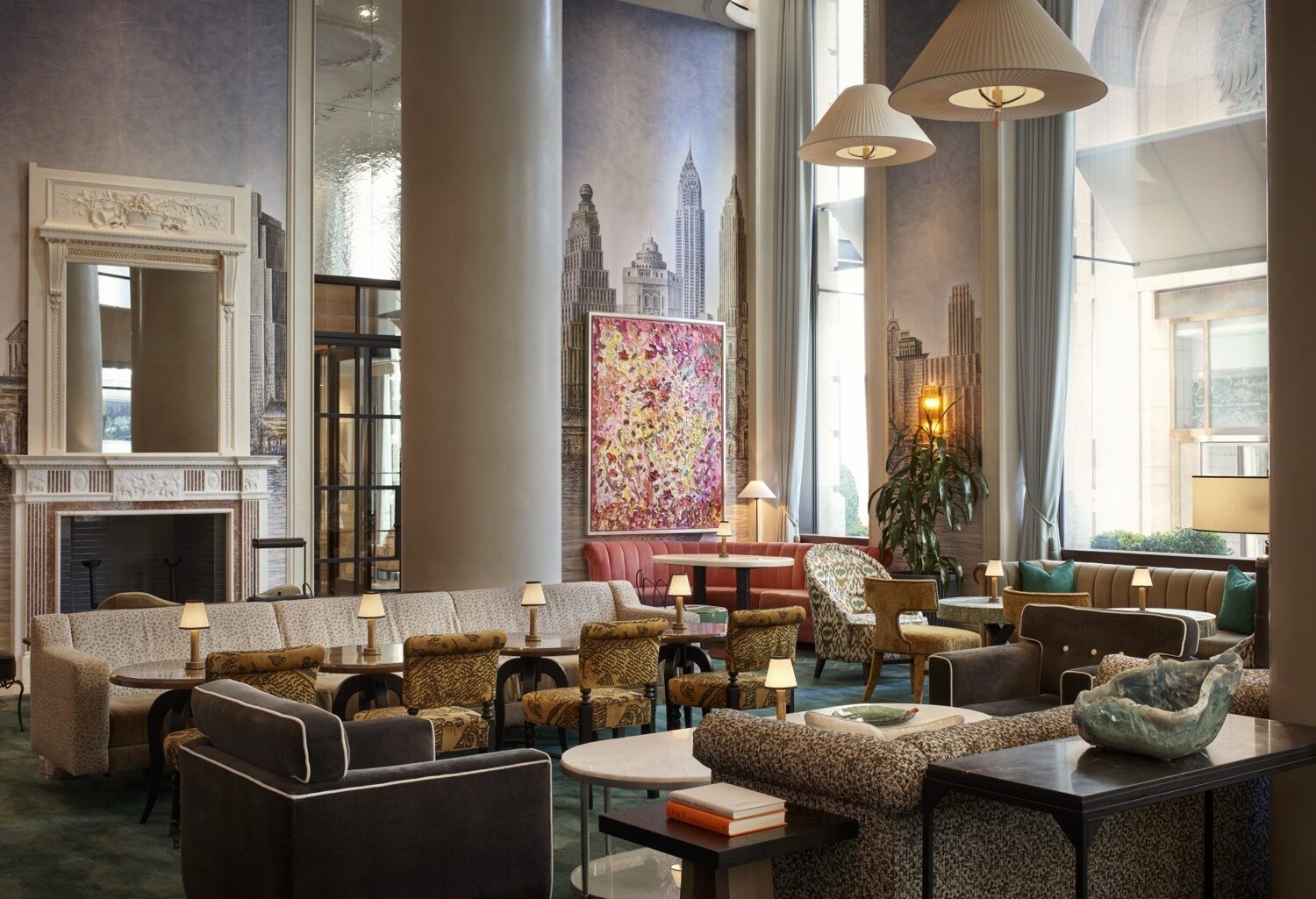 The Wall Street Hotel Lounge on Pearl, where velvet, pattern, contemporary art and a reclaimed Waldorf Astoria fireplace make Wall Street considerably softer around the edges.