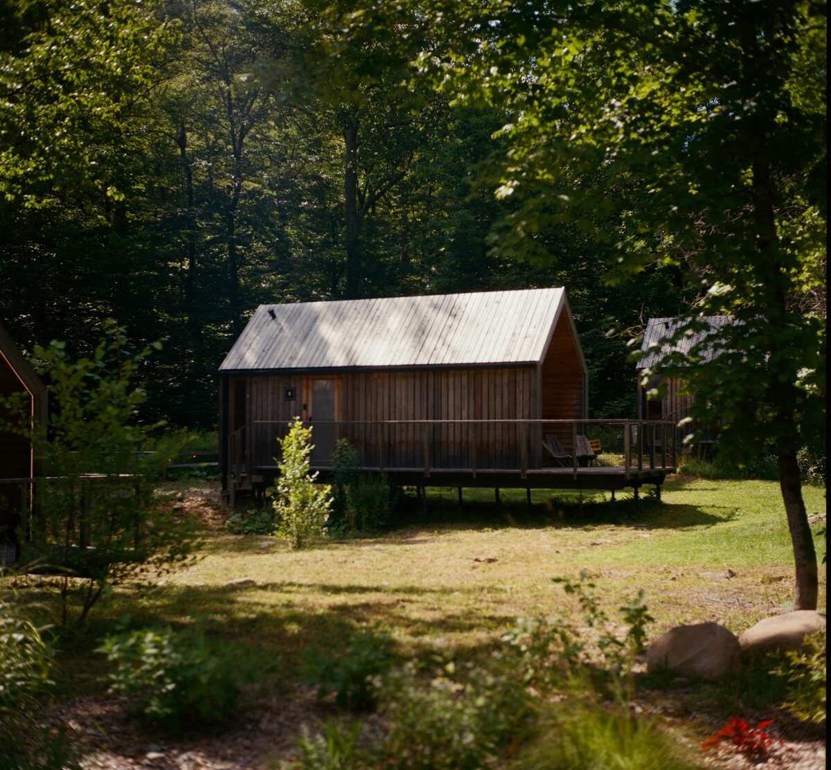 Eastwind Oliverea Valley One of Eastwind's freestanding timber cabins sitting quietly at the forest edge. The buildings are deliberately simple and disappear into the landscape rather than competing with it